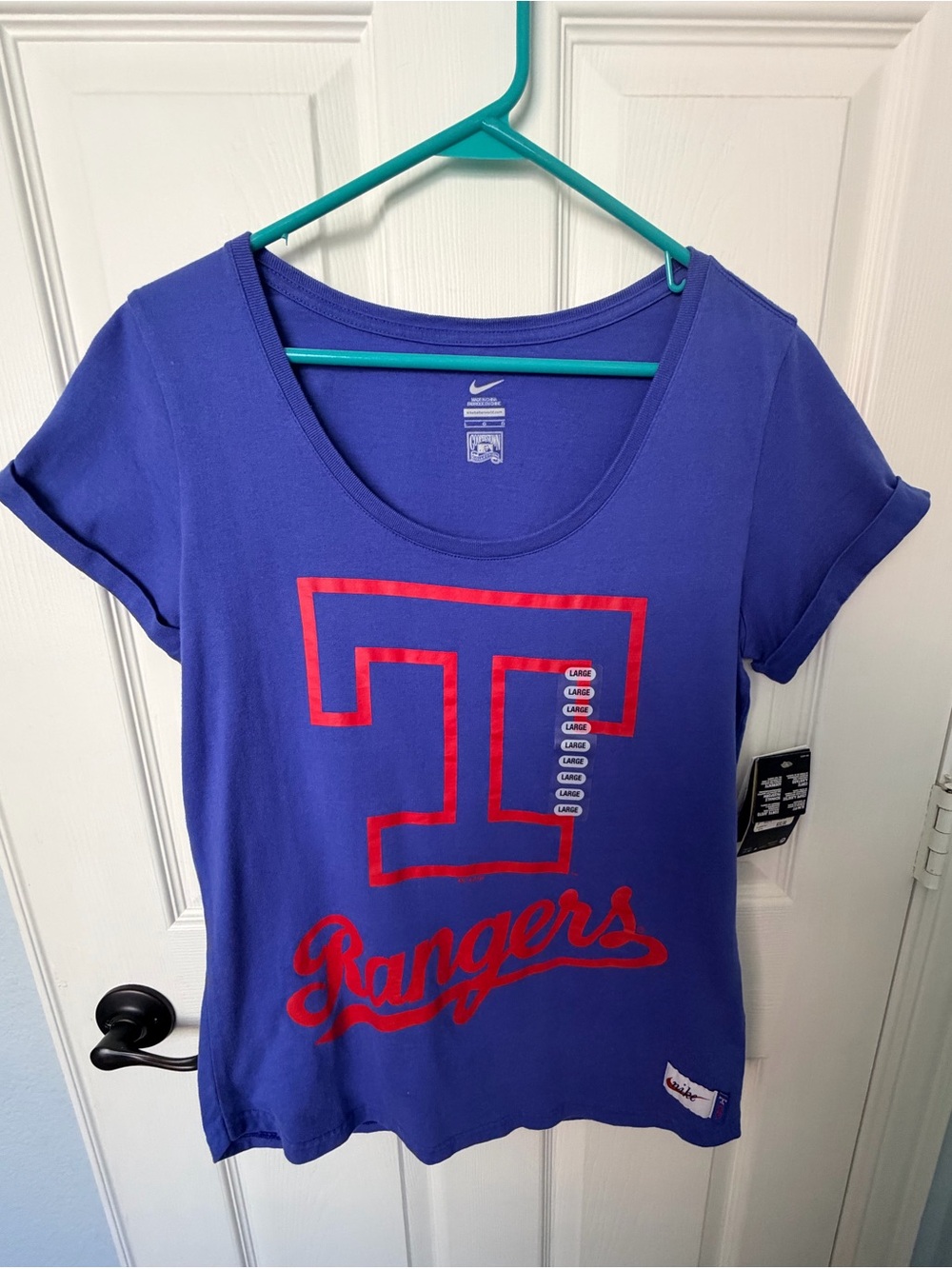 Nike Women's Royal Blue Texas Rangers Graphic Tee with Red Logo